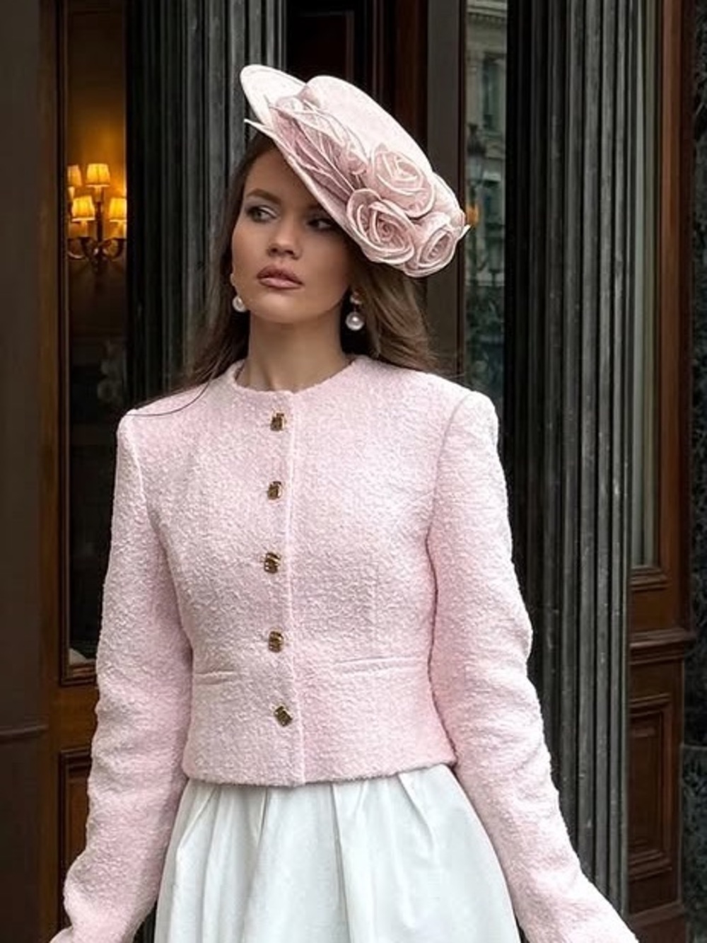 Meshki Pale Pink Bouclé Button Jacket with Gold Hardware - Picture 3 of 7
